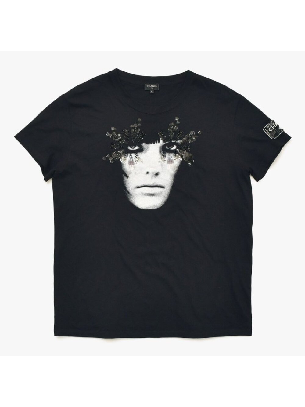 Chanel Face Print Sequin Bijou Decoration Cotton Black XL